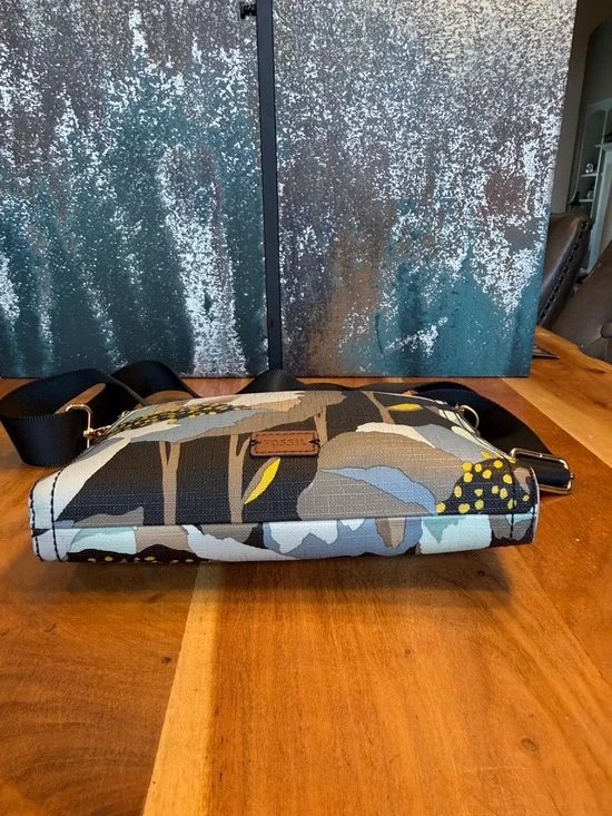 Fossil Boho Floral Coated Canvas Crossbody Bag Brown/Blue Gold (GUC) - Picture 14 of 17